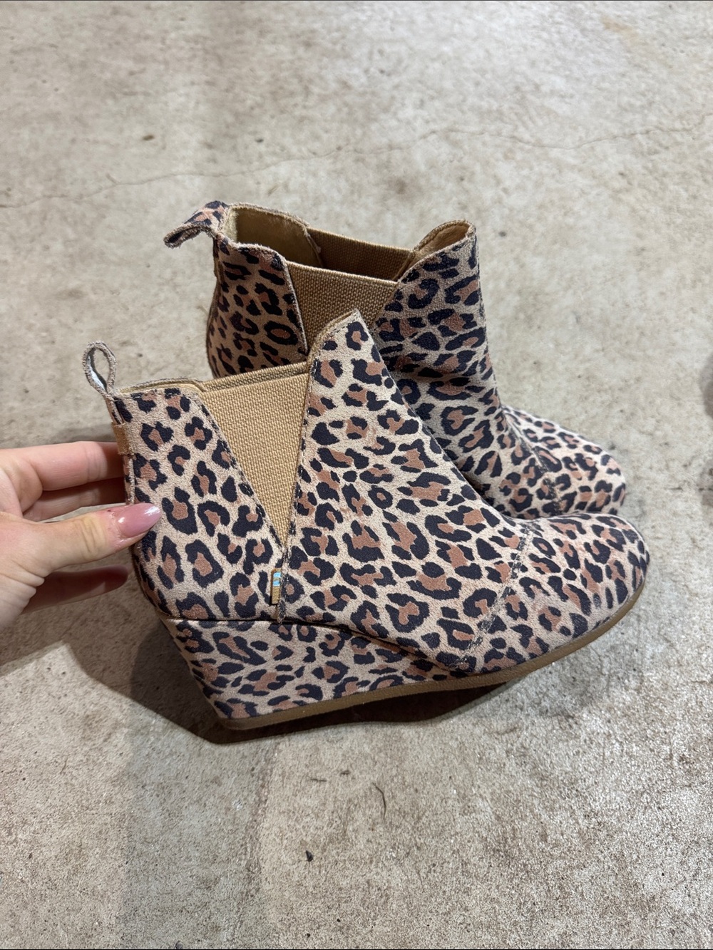 Toms Leopard Print Wedge Ankle Booties in Tan and Black